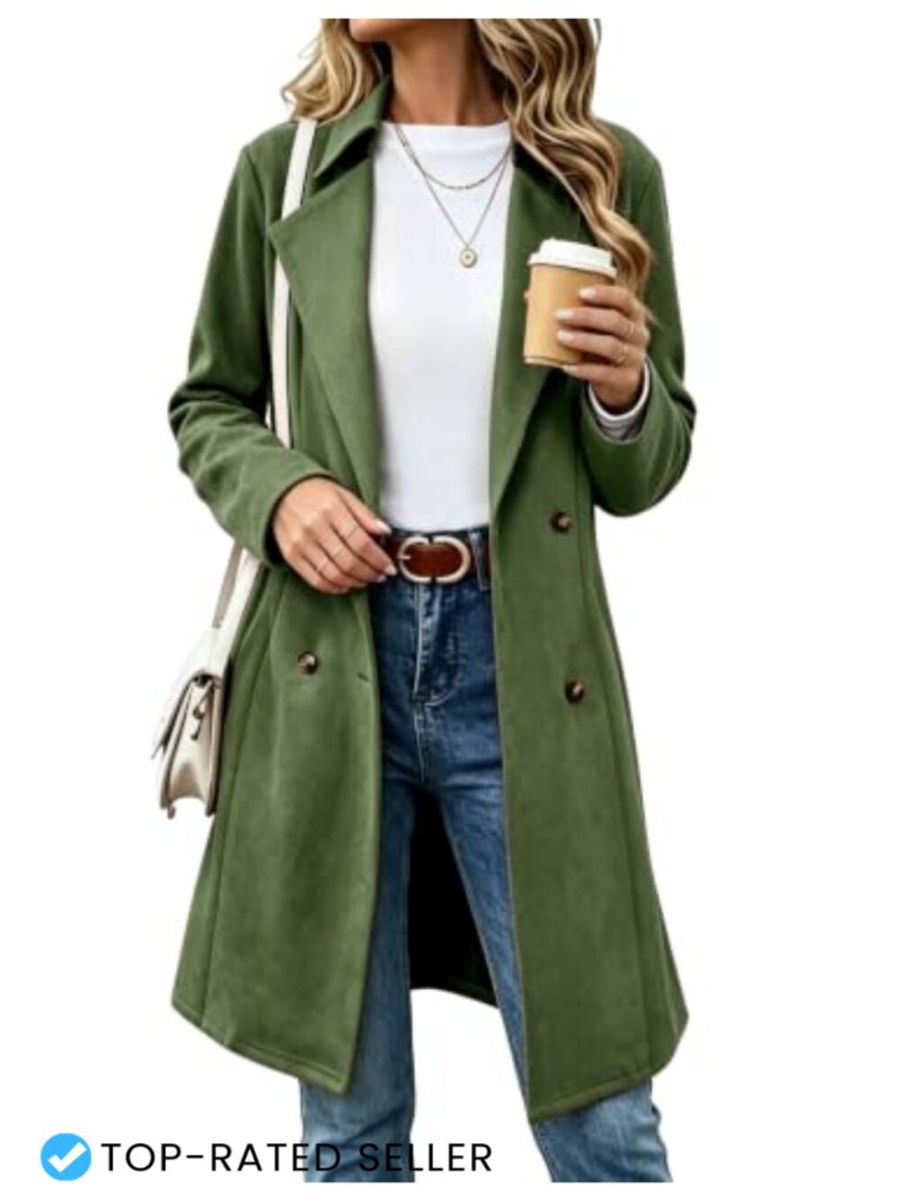 Faux Suede Leather Mid Long Trench Coat Double Breasted Pea Coat